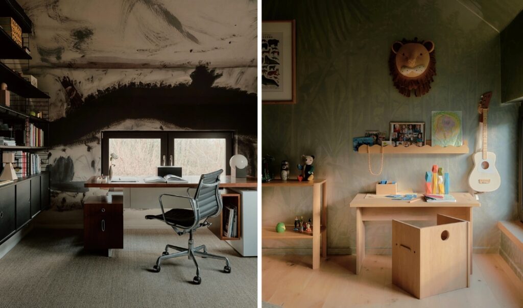 bureau et chambre avec papier peint