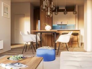 Dining room with the kitchen in background