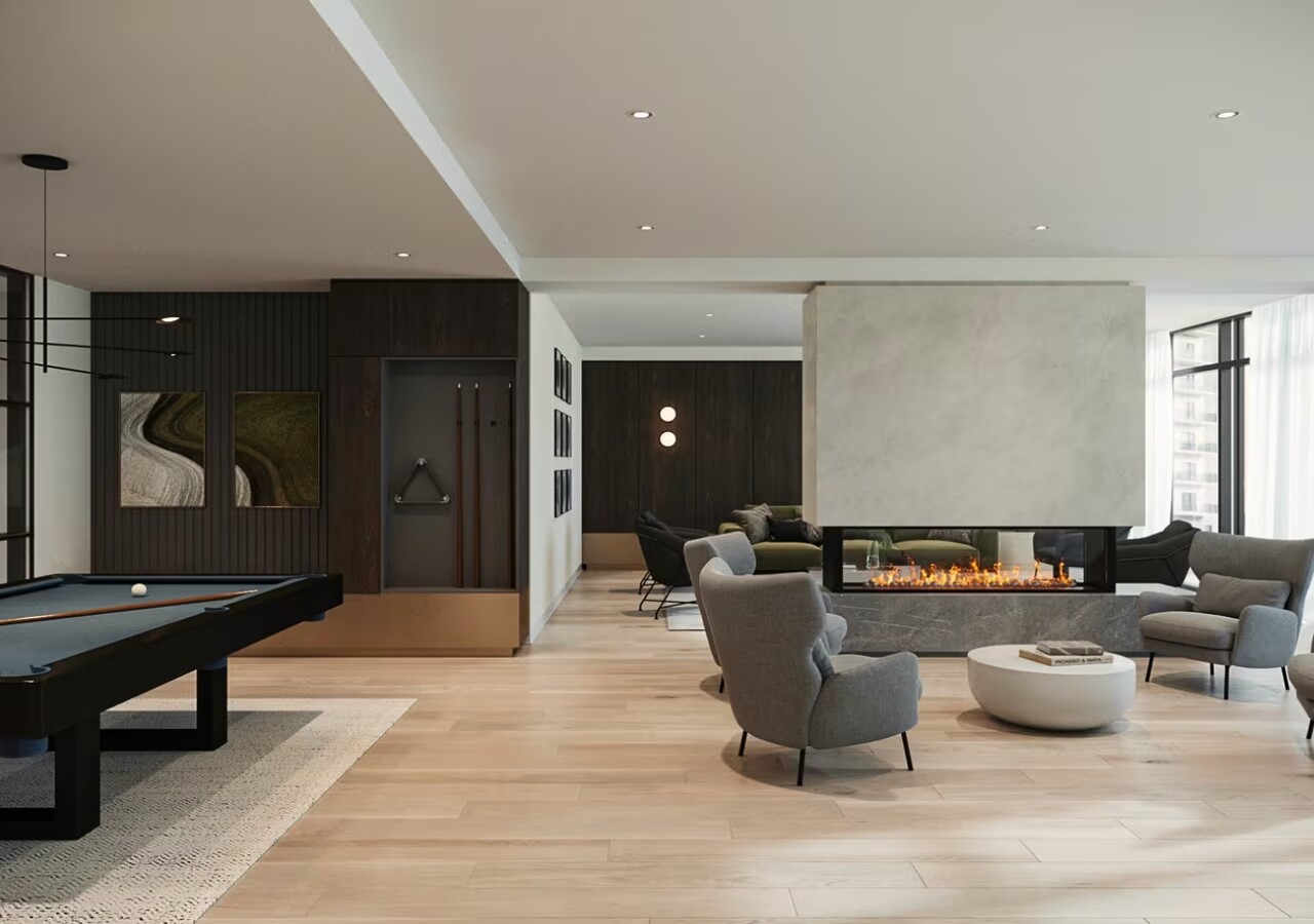 Le Florent lounge with fireplace and pool